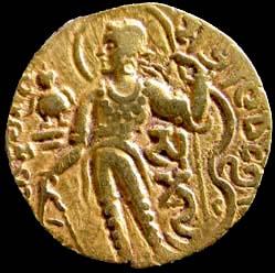 Samudragupta (c. AD 330-370), Gold, Dinar 7.6 g, Archer type. Obv king standing, nimbate, 