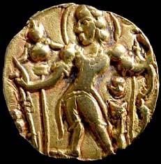 Chandragupta II (c. AD 375-414), Gold, Dinar 7.9 g, Archer type. Obv king standing, nimbat