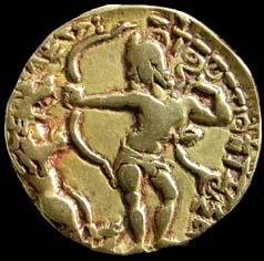 Chandragupta II, Gold, Dinar 7.8 g, Lion-slayer type. Obv king standing left drawing bow a
