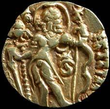 Kumaragupta (c. AD 414-455), Gold, Heavy Dinar 8.2 g, Archer type. Obv king standing, nimb