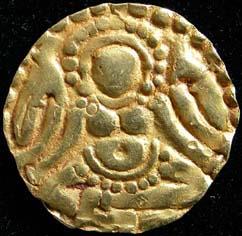 Kalachuris of Tripuri, Gangeya Deva (AD 1015-1040). Base gold Dinar, 4.2 g. Obv seated god