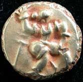 Vijayanagar, Sri Vira Bukkaraya, Gold Pagoda, 3.4 g. Obv Warrior walking right, rev Devana