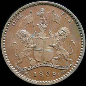 Copper, 1 Pie Pattern, 1809 issue, (Pridmore # 389, KM# Pn 24a). Extremely Fine.