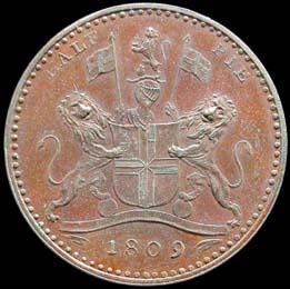 Copper, Sikka Half Pie Pattern, 1809 issue, (Pridmore # 395, KM# Pn 22). Extremely Fine.