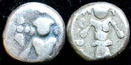Double Fanam, 3rd Series, AD 1764-1807, obv Vishnu standing, rev two interlinked C's; with