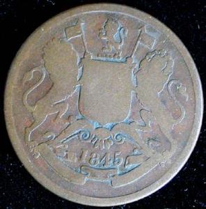 1/2 Anna, 1845, Calcutta; (KM# 447.1). Lakhi or brockage. Good. Rare.