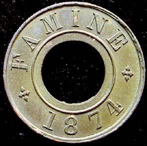 Famine Relief Grain Token, 1 Rupee, 1874 (KM# Tn 2). Struck in brass (5.2 g), regular issu