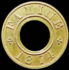 Famine Relief Grain Token, 1 Rupee, 1874, Gold Gilt, 4.7 g (KM# Tn 2). As above. Extremely