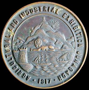Junagadh Agricultural and Industrial Exhibition 1917. Copper, 48.1 g, 44 mm. Obv. A lion s