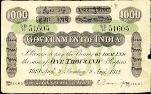 Government of India: 1000-Rupees, Type 7.2D, Green Underprint, 9th August 1918, Bombay, Se