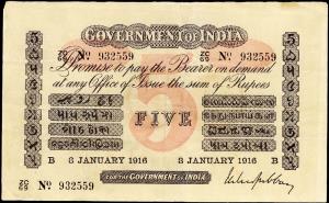 Government of India: 5-Rupees, Type 1.5, 5th Issue (1914-1918), Red underprint. Initial B 