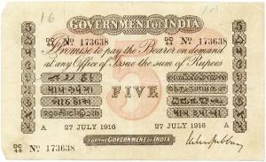 Government of India: 5-Rupees, Type 1.5, 5th Issue (1914-1918), Red underprint. Initial A 