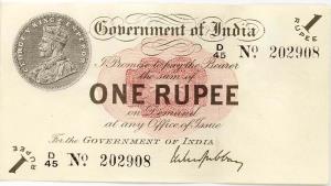 Government of India: 1-Rupee, Type 1, 1st Issue (1917), George V. Serial Number D45 202908
