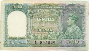 Burma, Reserve Bank of India: 10-Rupees, Type 5, (1938-1950), George VI. Black Serial Numb