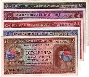 Indo-Portugese set of 5 notes 10,20,50,100,500 rupias