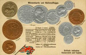 Embossed postcard with impressions of coins of India $ ceylon