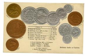Embossed postcard with impressions of coins of India $ ceylon