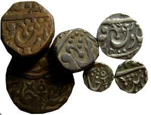 ORCHHA,Set of 6 copper(3) silver(3) 1/8,1/4,$1/2 rupee