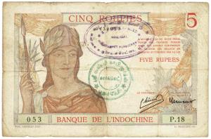Indo-French banque De L'Indochine Pondecherry 5 rupees