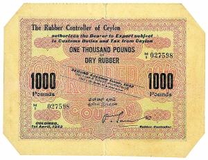Coupons of Rubber Controller of Ceylon (3),1,100,1000 Pounds
