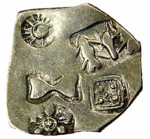 Punch-marked Coins, Magadha, Silver, Karshapana, 5-symbol type (Rajgor Series 12, No. 216)
