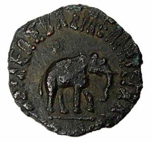 Indo-Scythians, Azes, 2nd century BC, Unit, Elephant standing to right on obv and Bull wal