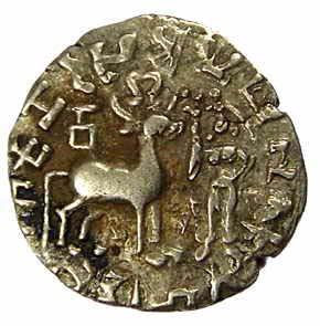 Kunindas, Amoghbhuti, 1st century BC, Silver, Lakshmi and deer on obv with Brahmi legend a