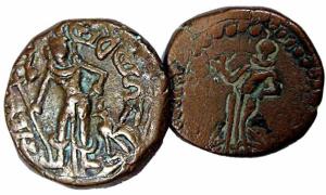 Yaudheyas, Copper (2), 4th century AD, Kartikeya type with the War God on obv holding a tr