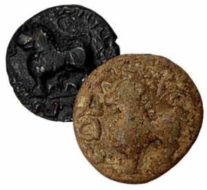 Satavahanas, Satakarni, Potin (2), and Shiva Siri Satakarni, Lead (1), Junnar-Lion type. F