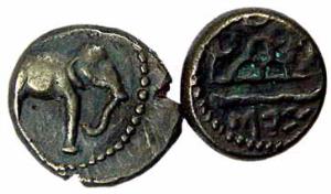 Western Kshatrapas, Anonymous, Potin (3), Elephant standing to right on obv; tree-arched h
