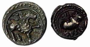 Vishnukundins, Copper (2), lion type with a conch on obv and a lion roaring to right on re