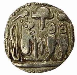 Cholas, Uttama Chola (AD 973-985), Silver, Kahavanu, tiger seated right, towards two uprig