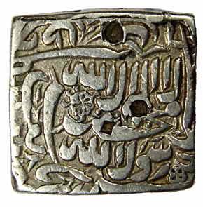 Akbar, Silver, Square Rupee, Dhaka Mint, Early Kalima type, AH 1015, in the name of Jala-u