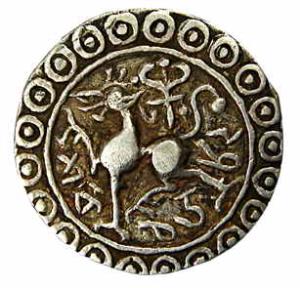 Krishna Manikya (AD 1760-1783), Silver, Tanka, with Queen Jahanvi Devi, lion to left on ob