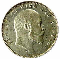 Edward VII, Silver, 2 Annas, 1909, raised initials DES at truncation. Extremely Fine, Rare