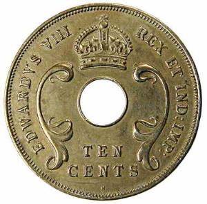British West Africa, Silver, 10 Cents, Edward VIII, 1936, M mint mark (KM# 17). Very Fine+