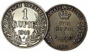 German East Africa, 1 Rupee, 101J; Italia Somalia, Uma Rupia, 1919R. Very Fine+, Rare. (2)