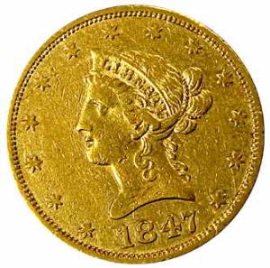 USA, Gold, 10 Dollars, Eagle dollar type, 1847, without motto of the USA. Very Fine+, Scar