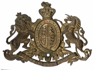 Coat of Arms of the British, Brass, a lion wearing a crown to left and a horse with a horn