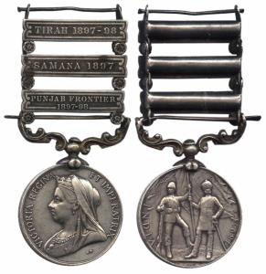 India Medal, Queen Victoria, 3 Clasps, Tirah 1897-98, Samana 1897, Punjab Frontier 1897-98