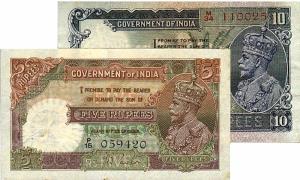 British India, George V, Signed by J B Taylor, Rs. 10, blue, small; Rs. 5, multi colour, t