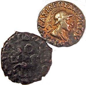Indo-Greeks, Silver, Lusias, Drachm, helmed bust to right on obv, and Hercules on rev; Kun