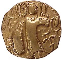 Kidara Kushana, Base Gold, 8 g, Dinar, king standing on obv and seated Goddess on throne o
