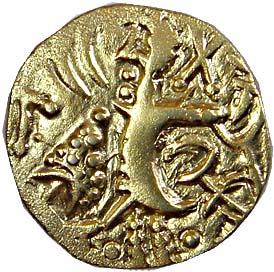Kidara Kushana, Base Gold, 7.3 g, Dinar, king standing on obv and seated Goddess on throne