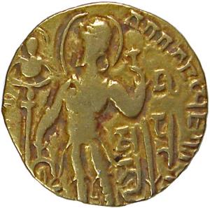 Guptas, Samudragupta, Gold, Dinar, 7.2 g, Standard type with Goddess Lakshmi seated on a t