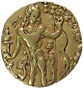 Guptas, Chandragupta II, Gold, Dinar, 7.7 g, Archer type, king standing facing right but b
