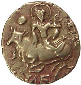 Shashanka, Gold, Dinar, 9.4 g, God Shiva reclining on his favorite vehicle, Nandi Bail on 