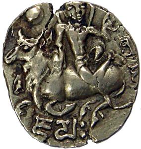 Shashanka, Gold, Dinar, 9.4 g, God Shiva reclining on his favorite vehicle, Nandi Bail on 