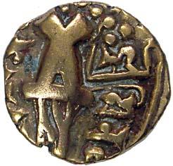 Karkotakas of Kashmir, Vinayaditya, Base Gold, 7.5 g, seated goddess with legend on obv; a