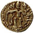 Cholas, Raja Raja Chola, Gold, 0.4 g, 1/8 Kahavanu, king seated to right on obv; Nagari le